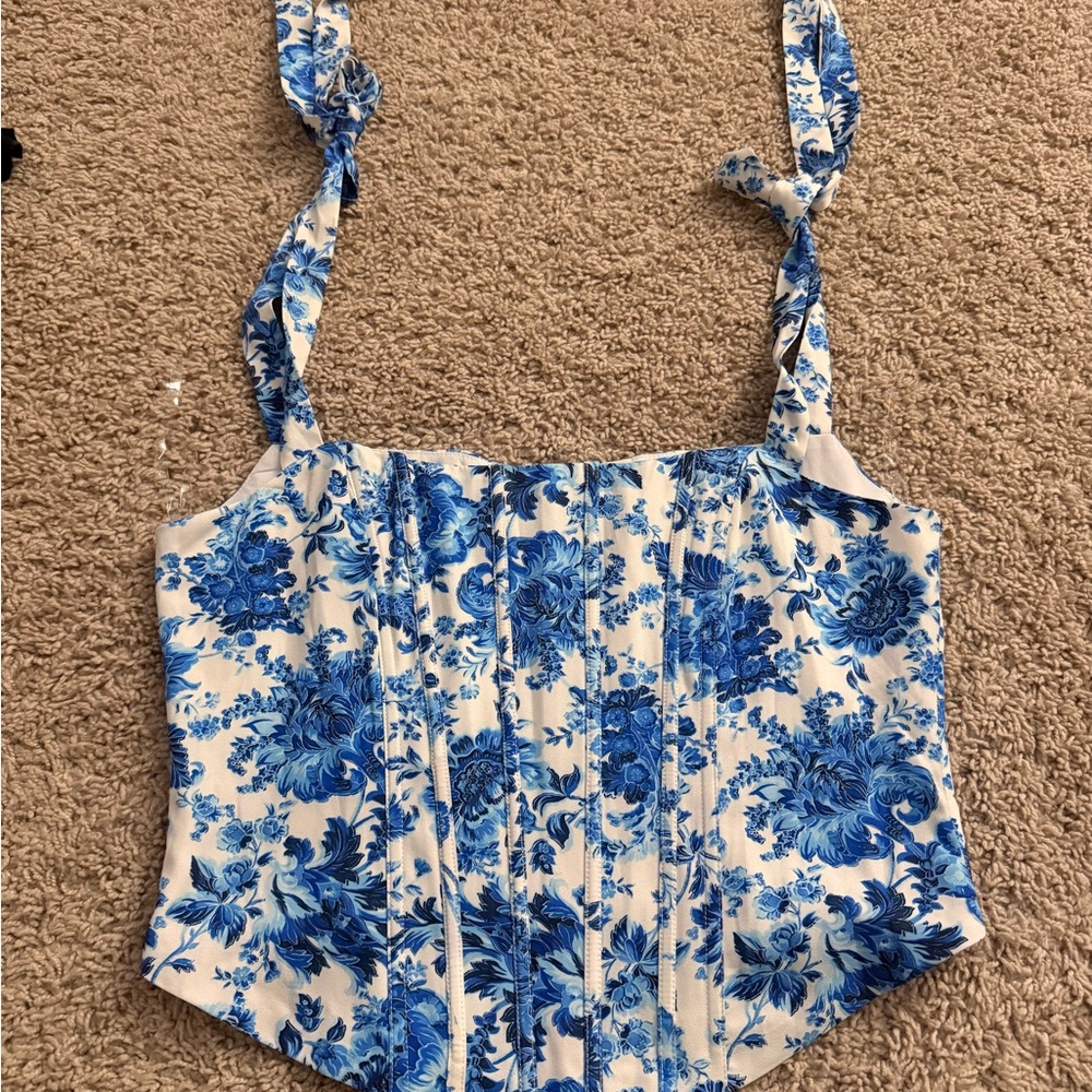 Fashion Nova Blue Floral Corset Crop Top